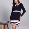 Women's Navy Ribbed Knit Winter Dress with Pink Collar & Border Detailing