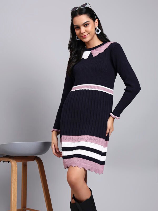 Women's Navy Ribbed Knit Winter Dress with Pink Collar & Border Detailing