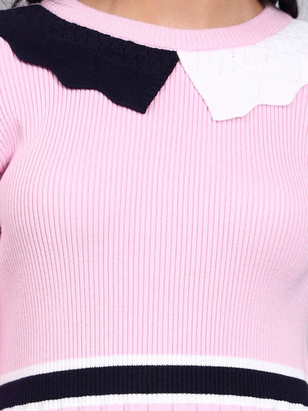 Women's Pink Ribbed Knit Winter Dress with Navy Collar & Border