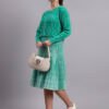 Pearl Button Cable Knit Fit & Flare Acrylic Wool Jumper Dress for Women – Green