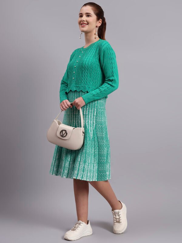 Pearl Button Cable Knit Fit & Flare Acrylic Wool Jumper Dress for Women – Green