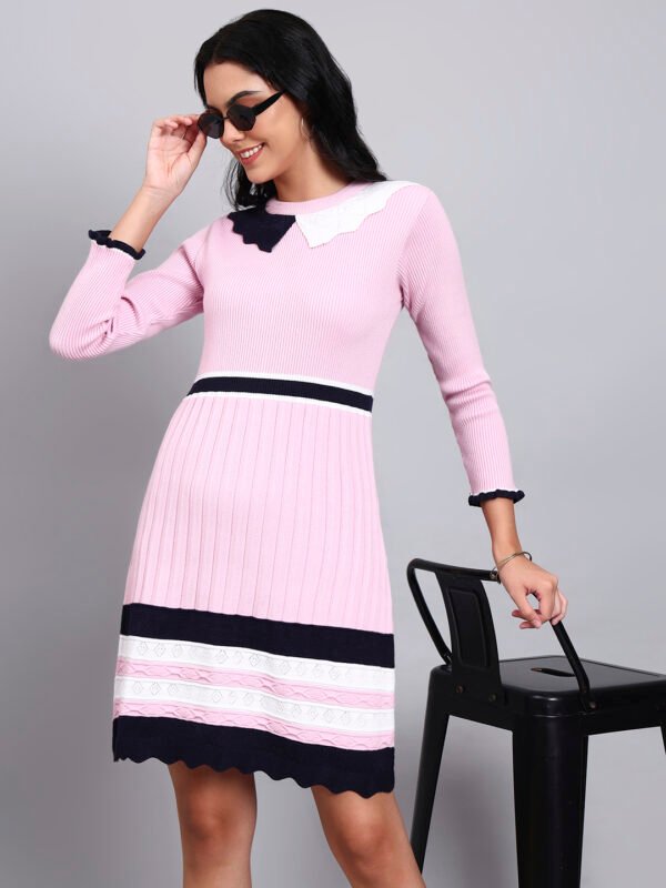 Women's Pink Ribbed Knit Winter Dress with Navy Collar & Border