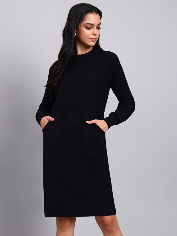 Women's Black Textured Knit Winter Dress with Pocket Detail
