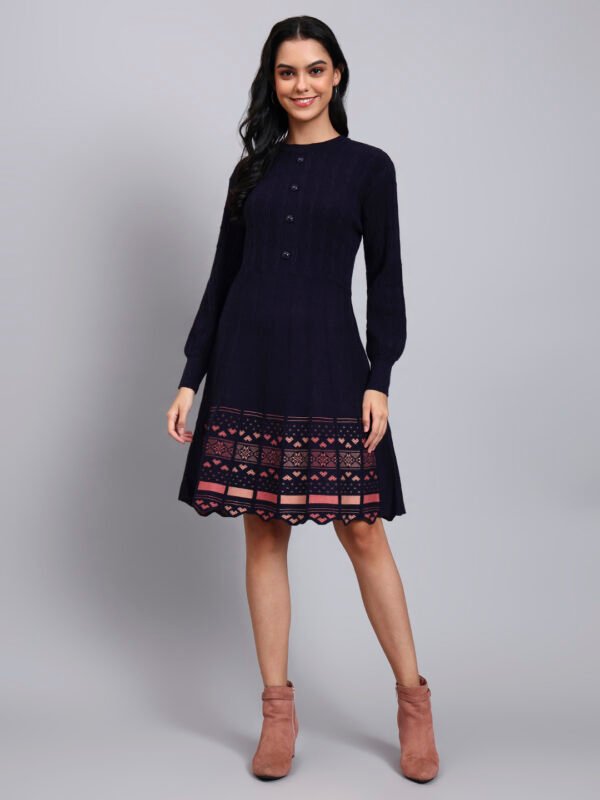 Women's Navy Knit Winter Dress with Pastel Pattern Hem and Button Front