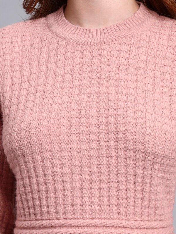 Women's Peach Textured Knit Midi Winter Dress with Pocket