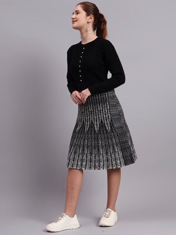 partnerimages_27b394af_J5_BLACK_01_4 Women’s black cable knit fit & flare sweater dress with pearl button front and pleated skirt