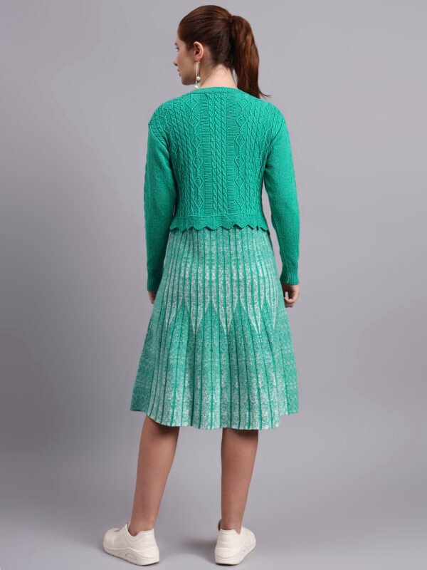 Women’s green cable knit acrylic wool fit & flare jumper dress with pearl buttons and pleated skirt