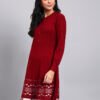Women's Maroon Knit Winter Dress with Pattern Hem and Button Front