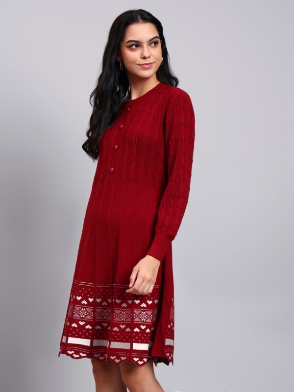 Women's Maroon Knit Winter Dress with Pattern Hem and Button Front
