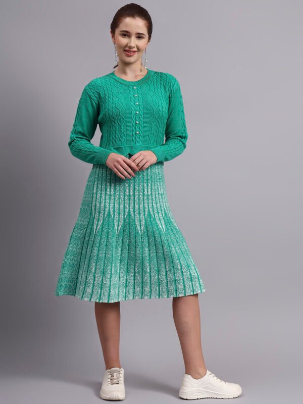 Pearl Button Cable Knit Fit & Flare Acrylic Wool Jumper Dress for Women – Green