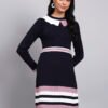 Women's Navy Ribbed Knit Winter Dress with Pink Collar & Border Detailing