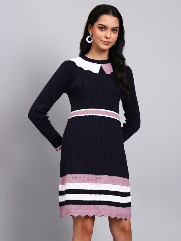 Women's Navy Ribbed Knit Winter Dress with Pink Collar & Border Detailing