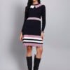 Women's Navy Ribbed Knit Winter Dress with Pink Collar & Border Detailing