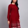 Women's Maroon Knit Winter Dress with Pattern Hem and Button Front