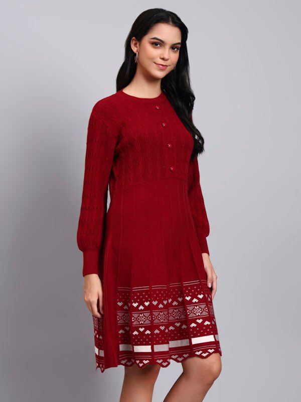 Women's Maroon Knit Winter Dress with Pattern Hem and Button Front
