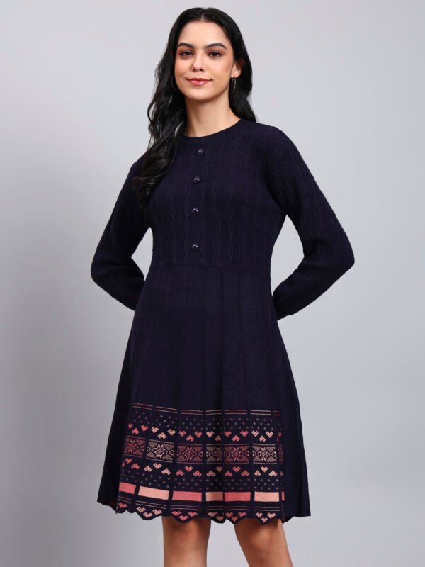 Women's Navy Knit Winter Dress with Pastel Pattern Hem and Button Front