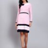 Women's Pink Ribbed Knit Winter Dress with Navy Collar & Border