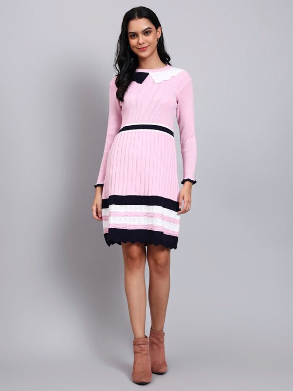 Women's Pink Ribbed Knit Winter Dress with Navy Collar & Border