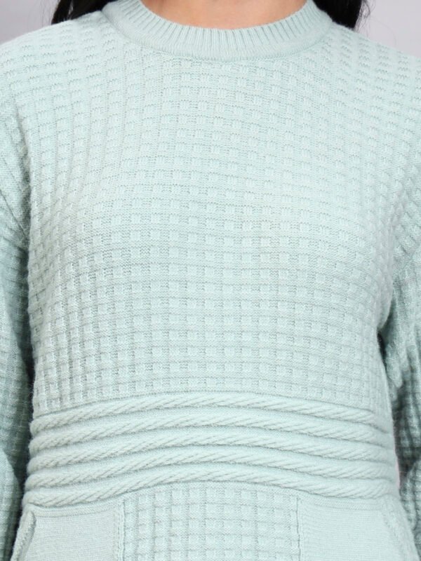 Women's Pistachio Green Textured Knit Midi Winter Dress with Pocket