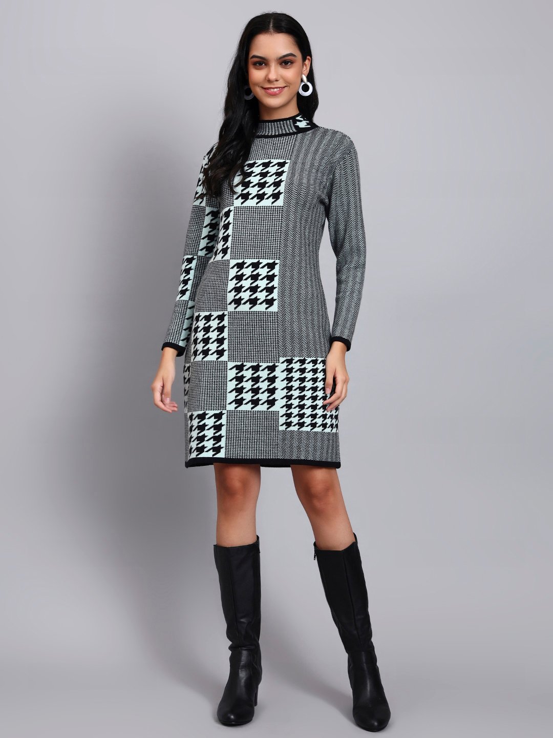 Women's Dusty Sky Blue & Black Patterned Knit Winter Dress