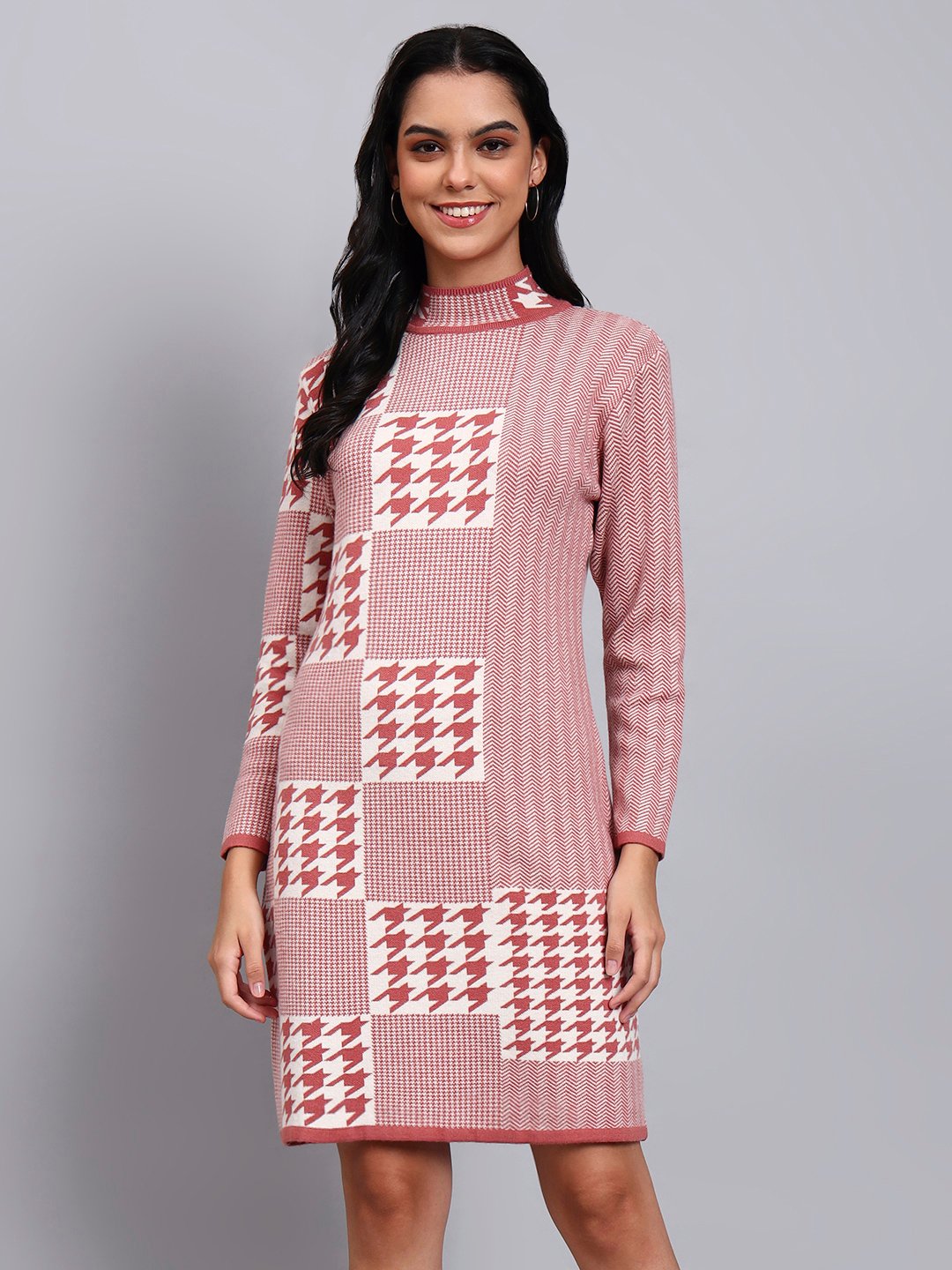 pink and white houndstooth dress Short Sleeve Dress With Pockets Pink And White Houndstooth - 8