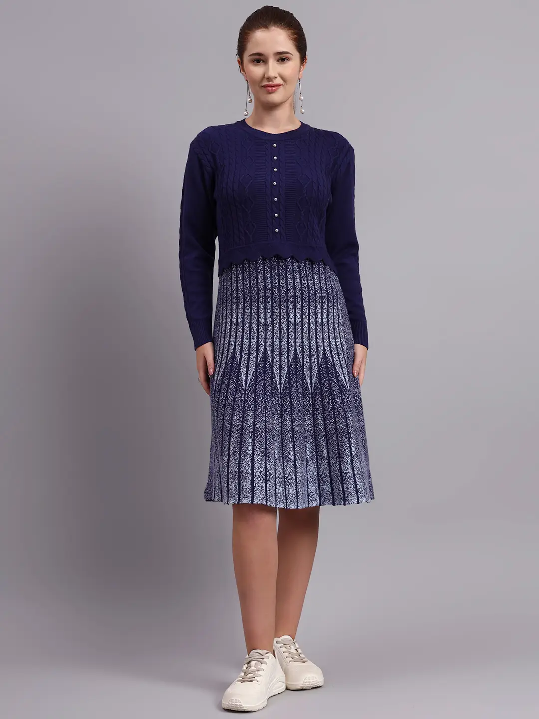 Women’s navy blue cable knit acrylic wool fit & flare jumper dress with pearl buttons and pleated skirt