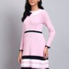 Women's Pink Ribbed Knit Winter Dress with Navy Collar & Border