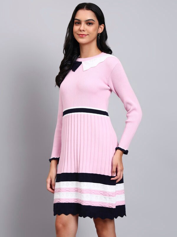 Women's Pink Ribbed Knit Winter Dress with Navy Collar & Border