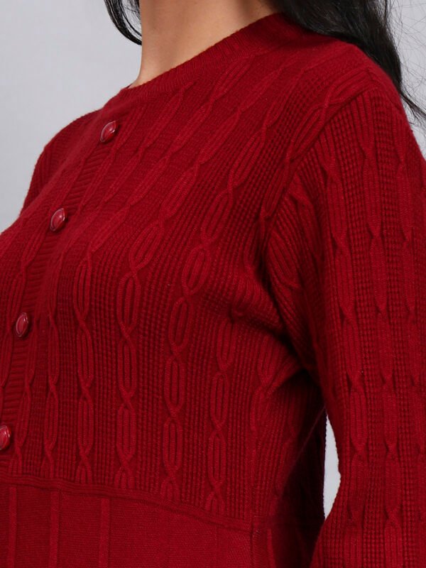 Women's Maroon Knit Winter Dress with Pattern Hem and Button Front