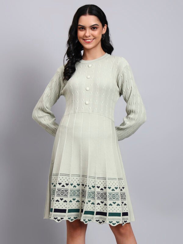 partnerimages_637e40b6_J9_PISTA_01_2 Women's Pista Green Knit Winter Dress with Pattern Hem and Button Front