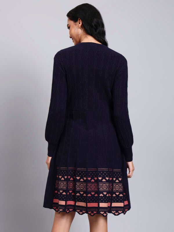 Women's Navy Knit Winter Dress with Pastel Pattern Hem and Button Front