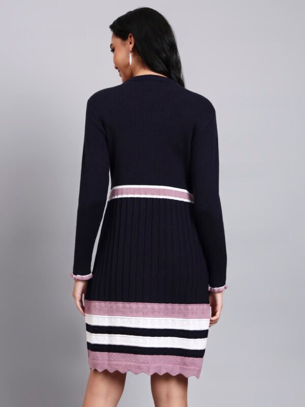 Women's Navy Ribbed Knit Winter Dress with Pink Collar & Border Detailing