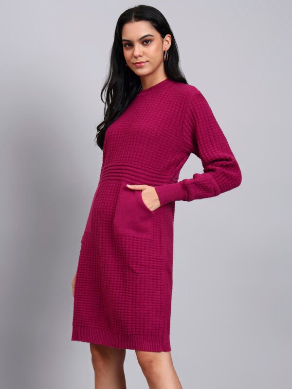 Women's Rani Pink Textured Knit Midi Winter Dress with Pocket