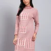 Onion pink and ivory houndstooth pattern knit winter dress with high ribbed neck and full sleeves