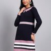 Women's Navy Ribbed Knit Winter Dress with Pink Collar & Border Detailing
