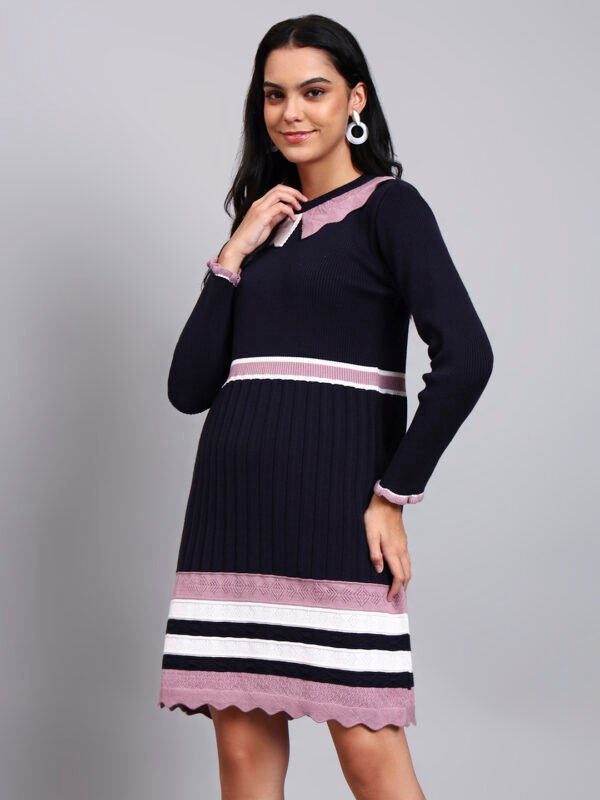 Women's Navy Ribbed Knit Winter Dress with Pink Collar & Border Detailing