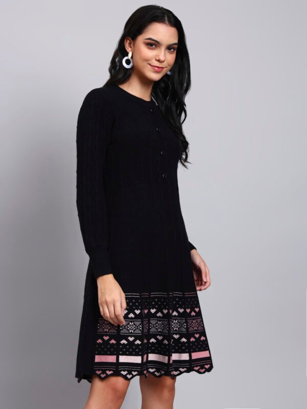 partnerimages_71ce31f4_J9_BLACK_01_5 Women's Black Knit Winter Dress with Pastel Pattern Hem and Button Front