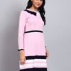 Women's Pink Ribbed Knit Winter Dress with Navy Collar & Border