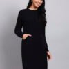 Women's Black Textured Knit Winter Dress with Pocket Detail