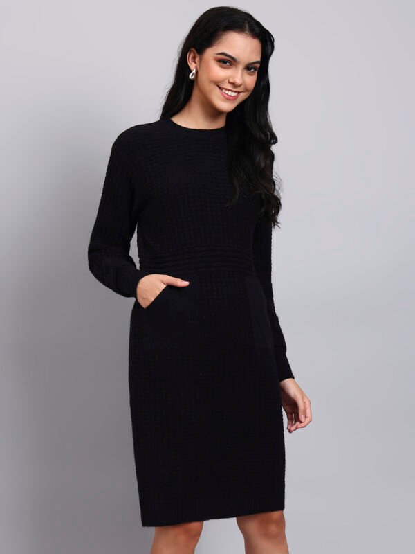 Women's Black Textured Knit Winter Dress with Pocket Detail