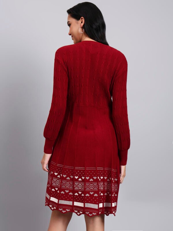 Women's Maroon Knit Winter Dress with Pattern Hem and Button Front