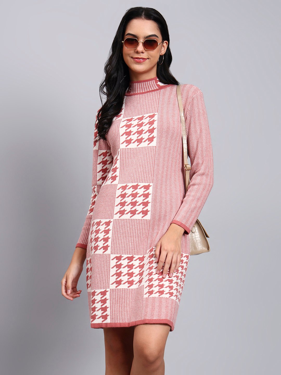 Women's Onion Pink & Ivory Houndstooth Knit Winter Dress