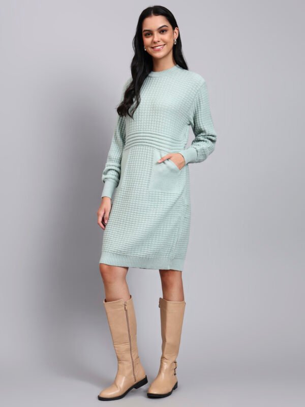 Women's Pistachio Green Textured Knit Midi Winter Dress with Pocket