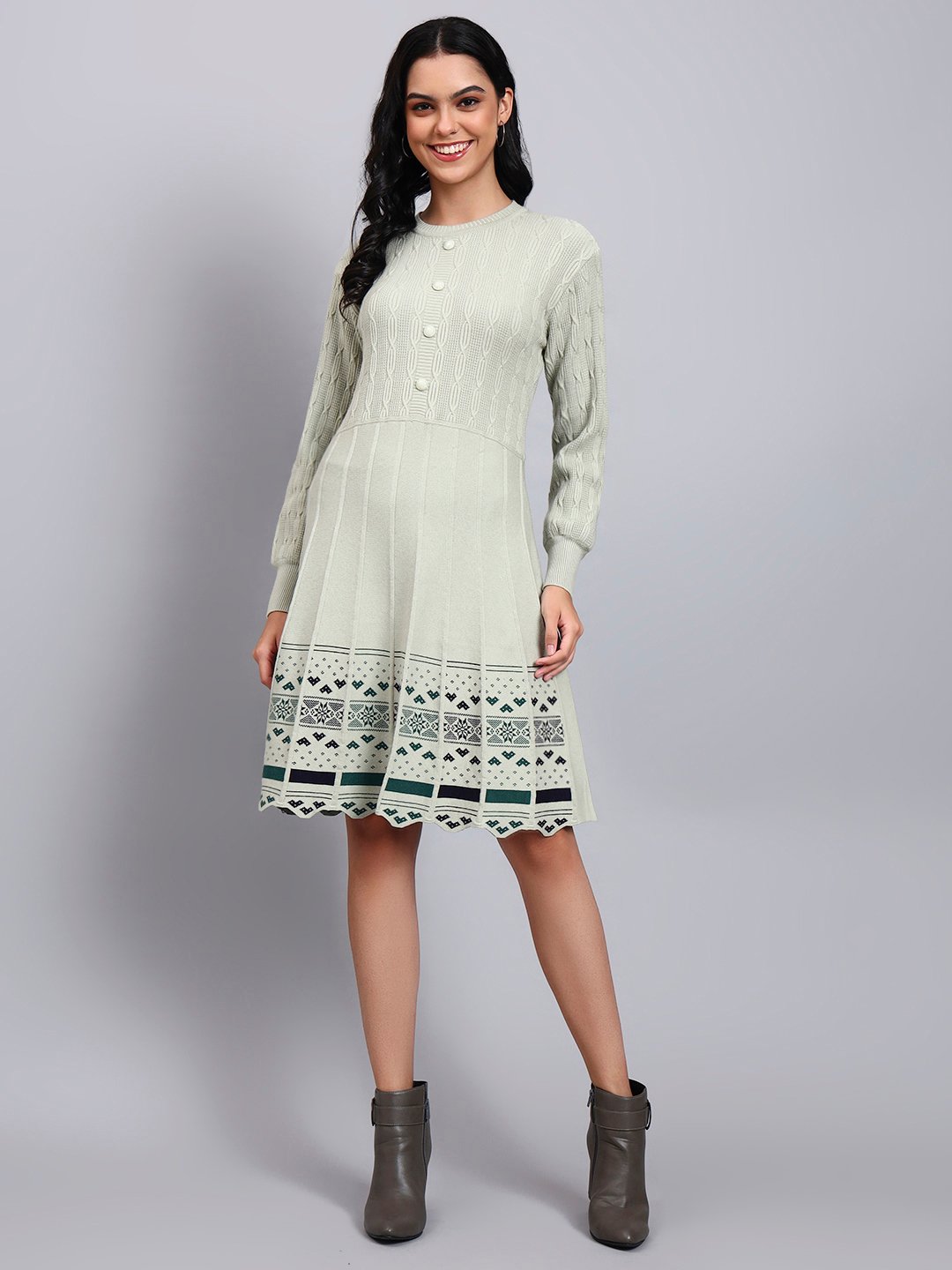 Women's Pista Green Knit Winter Dress with Pattern Hem and Button
