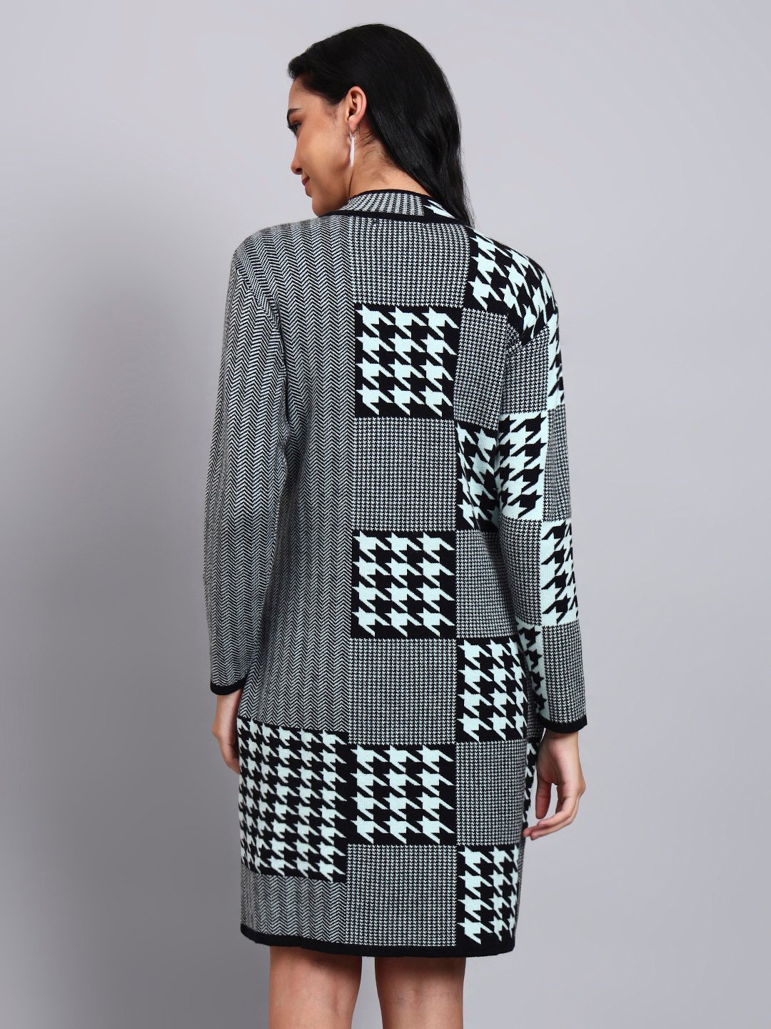 Women's Dusty Sky Blue & Black Patterned Knit Winter Dress