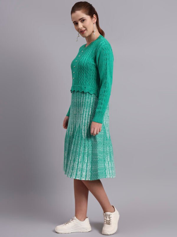 Pearl Button Cable Knit Fit & Flare Acrylic Wool Jumper Dress for Women – Green