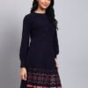 Women's Navy Knit Winter Dress with Pastel Pattern Hem and Button Front