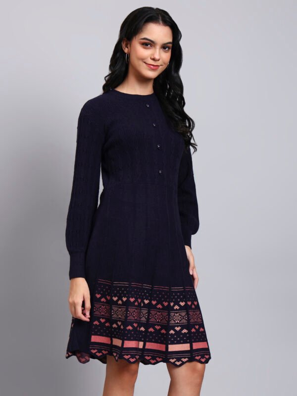 Women's Navy Knit Winter Dress with Pastel Pattern Hem and Button Front