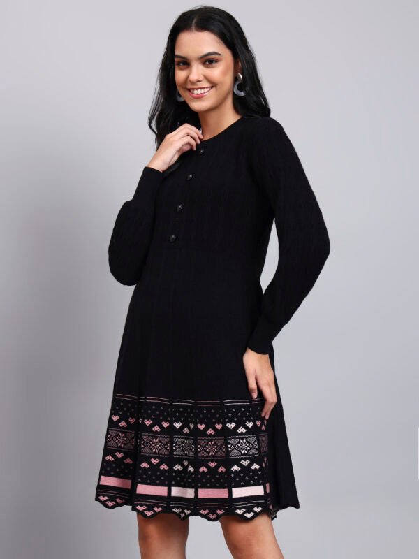 partnerimages_bd03781f_J9_BLACK_01_4 Women's Black Knit Winter Dress with Pastel Pattern Hem and Button Front