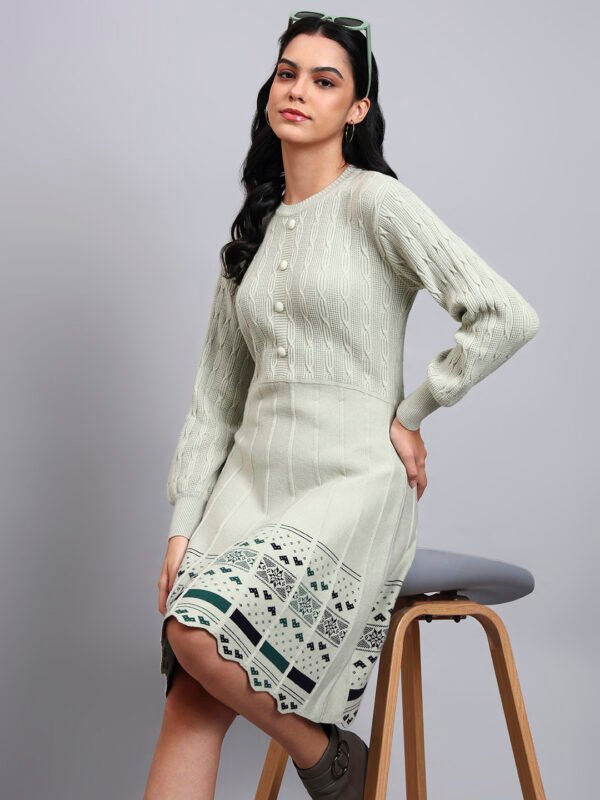 partnerimages_c6016e26_J9_PISTA_01_7 Woman wearing pista green knit winter dress with green and navy patterned hem, button front, and long sleeves